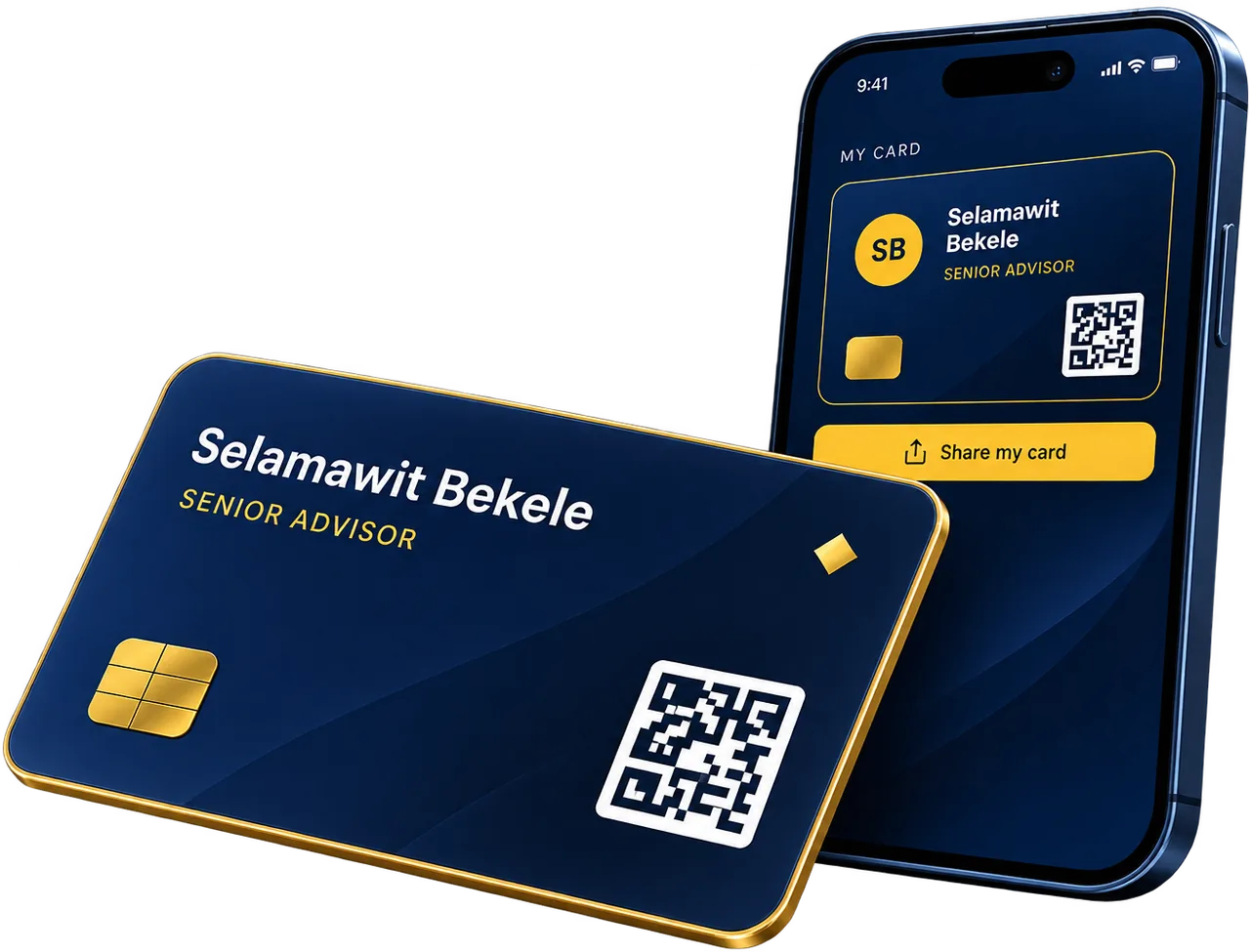 A Trust Connect card with a gold edge and a chip, beside a phone showing the same card in the app.